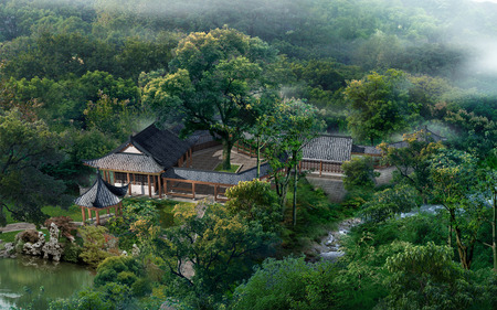 house - house, river, trees, nature, landscape, photoshop, china, forest