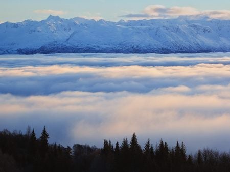 Cloud Filled Kachemak Bay Below - sky, mountains, alaska, winter, clouds, nature, snow