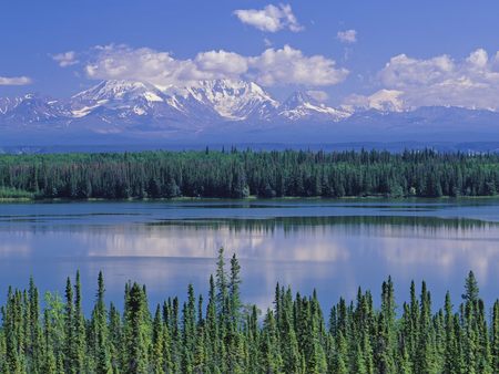 Willow Lake and Mount Wrangell - clouds, forests, snow, lake, alaska, mountains, sky