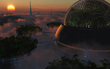 Biodome Sunset - fantasy, cities, digital, sunsets, art, biodomes, sky