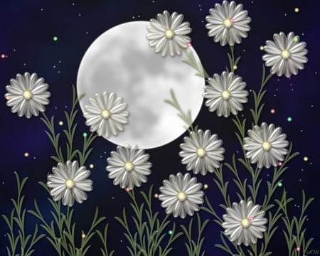 Moon Flowers - moon, abstract, 3d, summer, flowers, garden, fantasy, spring