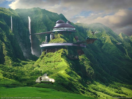 Futur House on a Green Hill - house, futur, green hill, science fiction, sf