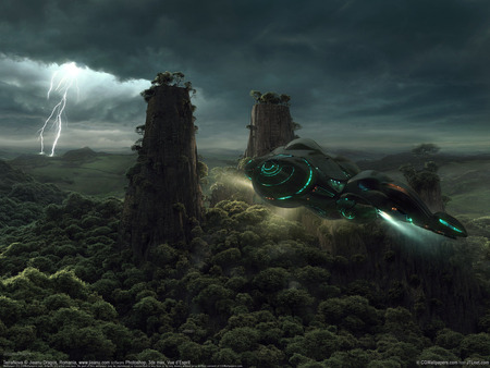 Spacecraft over Futur Jungle Planet  - rain forest, spaceship, forest, jungle, spacecraft