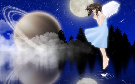 Japanese Angel - moon, saturn, planets, cities, water, fantasy, reflections, clouds, anime