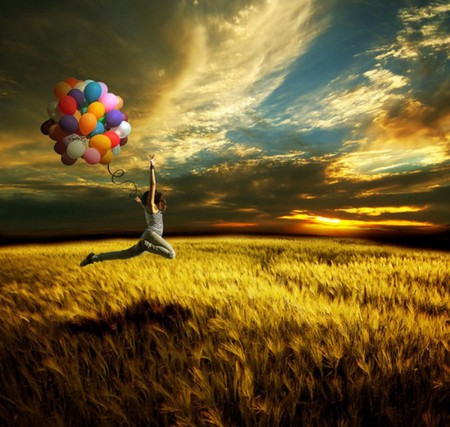 So Happy - woman, colorful balloons, sky, sun, field, shine, clouds, weed, happy