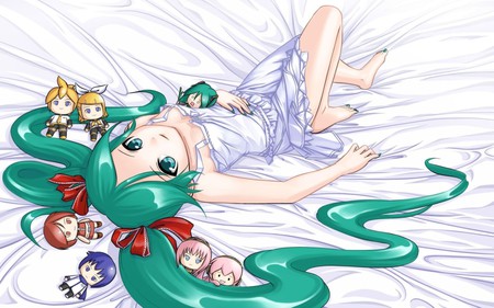 Hatsune Miku - aqua, bed, hot, thighhighs, music, anime girl, littel, kaito, white, art, cool, aqua eyes, hachune miku, artistic, takoluka, hatsune miku, sexy, kagamine rin, song, vocaloids, program, vocaloid, beautiful, diva, dress, nice, beauty, twintail, singer, aqua hair, black, virtual, pretty, idol, megurine luka, anime, cute, girl, chibi, meiko, awesome, kagamine len