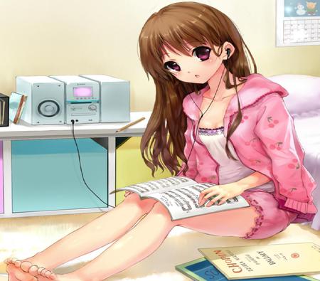 music anime - girl, pink, anime, music, cute