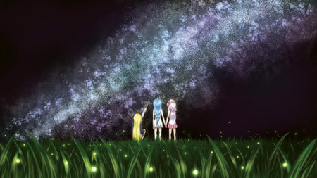 Under the sky - beautiful, night stars, 3girls, grass