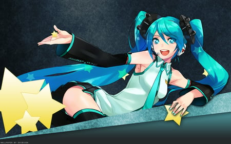 Hatsune Miku - star, anime girl, vocaloid, twintails, beautiful, hot, beauty, hatsune miku, miku, aqua eyes, cute, hatsune, aqua hair, thigh highs, vocaloids, sexy