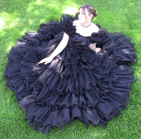 Black Dress - woman, beautiful, green, field, black, dress