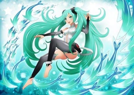 Miku Append - aqua, hot, sun, headset, thighhighs, music, anime girl, underwater, white, cool, aqua eyes, hatsune miku, sexy, light, song, vocaloids, program, glow, vocaloid, beautiful, sea, diva, beauty, nice, sunshine, twintail, singer, aqua hair, bubbles, black, virtual, pretty, idol, anime, miku, cute, ocean, sunlight, girl, hatsune, microphone, blue, headphones, fish, awesome