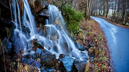 Waterfall - white, water, blue, roadside, rocks