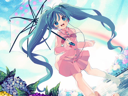 Hatsune Miku - purple, hatsune, miku, rain, pink, water, yellow, umbrella, white, rainbow