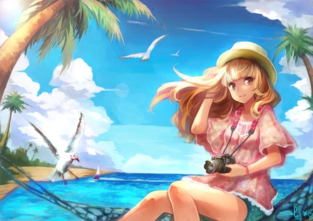 Beautiful Beach - bird, original, beach, long hair, animal, sky, clouds, hat, anime girl, water, camera, beautiful, hot, blonde hair, beauty, tree, cute, sexy