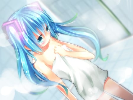 Hatsune Miku - pretty, artistic, nice, program, hot, thighhighs, beauty, virtual, cg, white, cute, aqua eyes, song, sexy, vocaloid, anime, twintail, towel, hatsune miku, music, aqua, steam, art, idol, anime girl, water, beautiful, singer, girl, blush, bathroom, cool, black, miku, awesome, diva, digital, aqua hair, hatsune, vocaloids