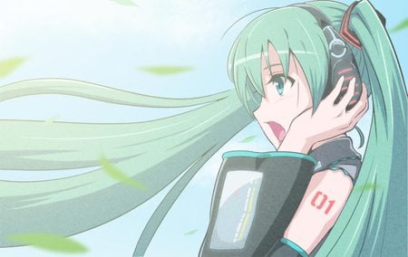 Hatsune Miku - pretty, singing, artistic, light, headphones, nice, sunlight, program, sunshine, beauty, virtual, cg, white, green, cute, aqua eyes, song, vocaloid, anime, twintail, hatsune miku, microphone, leaves, music, aqua, art, sun, idol, anime girl, beautiful, singer, girl, cool, black, glow, miku, awesome, diva, digital, aqua hair, hatsune, vocaloids, headset