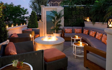 Cozy patio - romantic, tables, pillows, chairs, terrace, cozy, firepit, home, door, fire, flames, plants, candles, house, greenery, drinks, sofa, cushions, lanterns, ottamans, patio, slices, cocktails, limes, wall