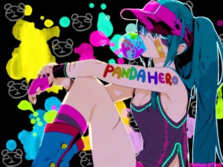 miku - panda hero, cap, bubble gum, anime, colorful, miku