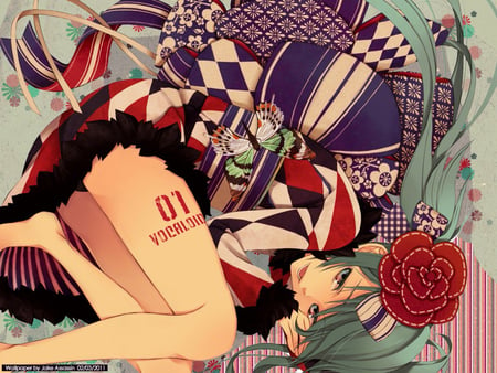 miku - miku, rose, pretty, kimono, anime, green hair