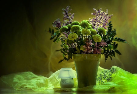 Graceful - silk, chrysanthemums, vase, calming, beautiful, graceful, green, leaves, flowers, lamp