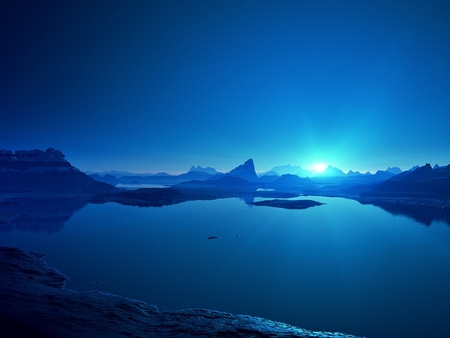 Blue Reflections - pc, sun, sunbeam, colorful, reflections, amazing, moutains, reflected, sunrays, paysage, laguna, wallpaper, space, peaks, 3d, beautiful, mirror, stones, beauty, nice, sky, image, fantasy, brightness, black, foggy, rocks, mist, calm, quiet, desktop, serene, shadows, paisage, tranquility, abstract, blue, fog, scenery, awesome, lightness, gray, horizon, sundown, sunset, lagoons, lakes, view, cool, cena, landscape, mounts, light, islands, multi-coloured, computer, scenario, dawn, sunrise, sunshine, water, multicolor, rivers, scene, fullscreen, paisagem, background, 3d and cg, canyons, night, waterscape, cg, bright, picture, colours, creeks, cenario, colors, misty