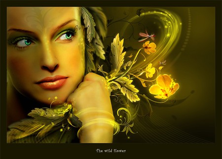 Wildflower - mouth, magic, beautiful, eyes, lovely, leaves, flowers, mesmerize, wilsflowers, nature, hand, green, woman, face, spirals, dragonfly