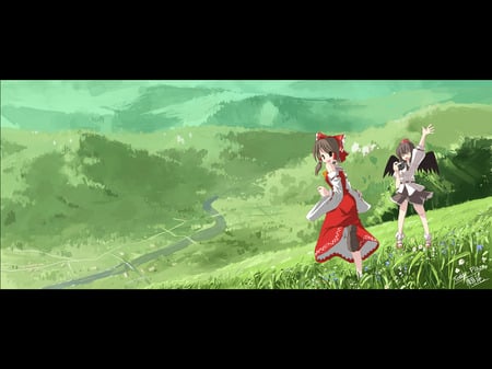 Touhou - anime, brown, eyes, landscape, dress, grass, touhou, hakurei reimu, miko, hat, camera, girl, project, scenic, cool, hair, seo tatsuya, shameimaru