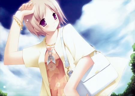 Cute Girl - girl, handbag, hair, project, kawai, game cg, hiiragi ayaka, cool, clouds, anime, garden, cute, short