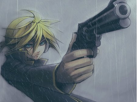 try me - gun, rain, leather jacket, try me, boy, blu eyes, anime, kagamine len, blonde