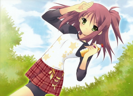 Girl - skirt, girl, hair, eyes, higa yukari, kawai, red, hoshino erika, anime, green, tree, garden, cute