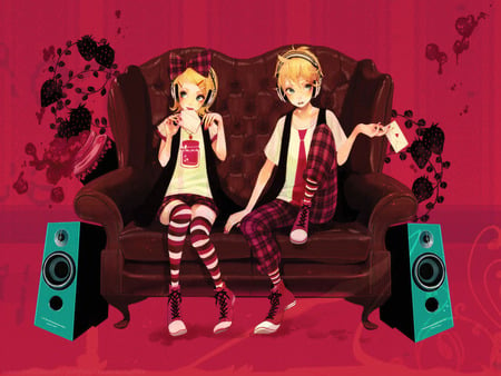 kagamine rin & kagamine len - anime, vocaloid, sofa, blonde, rin, twins, stereo, cute, len