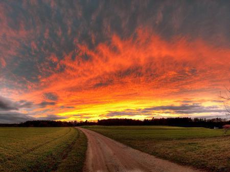 Burning-Sunset - sky, burning, landscape, way, road, nature, clouds, sunsets, grass