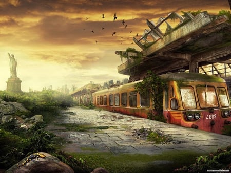 CG Train Art - railway station, railway, station, fantasy, cg, train, hd, art, old