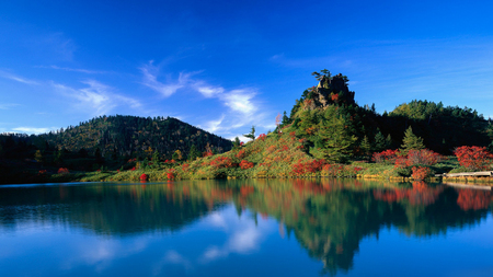 Hidden Lake - trees, hills, water, blue, beautiful, nature, autumn, lake, mountains, sky