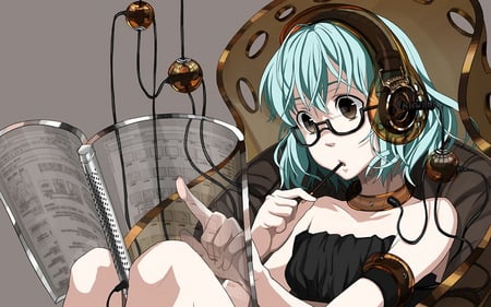 Anime With Headphones - blue hair, pretty girl, anime, reading, anime girl, anime with headphones