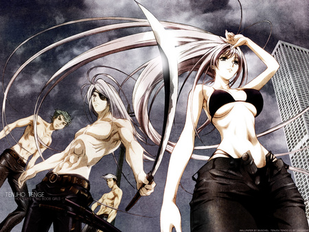 Tenjou Tenge - bra, clouds, anime, eyepatch, girl, sword, long, cool, hair, natsume maya, natsume shin, tawara bunshichi, tenjou tenge, weapon, sexy, sky