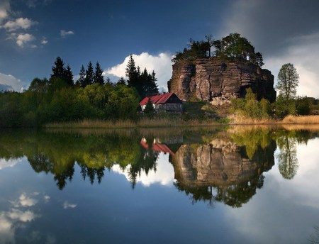 Beautiful Scenery - house, trees, water, rock, hd