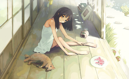 Summer with a big cat - kuchibiru, anime, summer, dress, girl, lipblue, cat, kawai, animal, watermelon, cute, barefoot