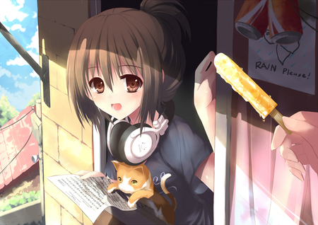 Hi - ice cream, cat, girl, music, notes, kawai, cool, headphones, animal, anime, cute