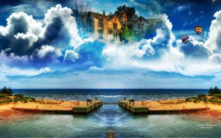 Parallel_Universe - clouds, house, nature, beach, balloons, 3d, sky, paralel