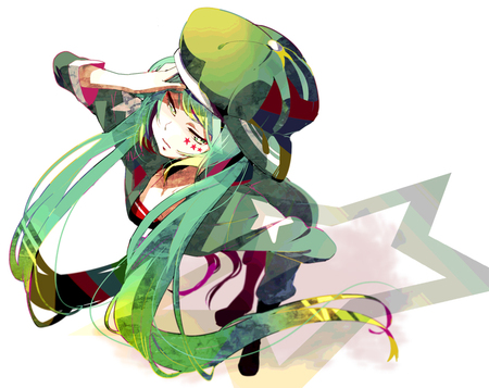 Hatsune Miku - hat, star, vocaloid, yellow, blue, white, miku, red, green, salute, hatsune