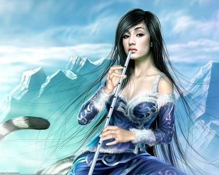 Music flute - flute, abstract, people, girl, blue, music