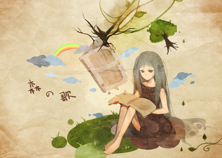 Hatsune Miku - clouds, read, branches, branch, yellow, blue, book, orange, tree, rainbow, miku, green, gray, could, hatsune