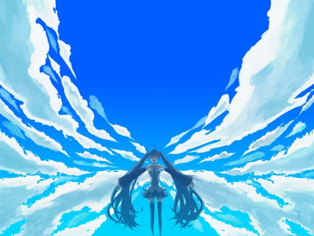 Hatsune Miku - clouds, vocaloid, white, miku, blue, fly, cloud, hatsune