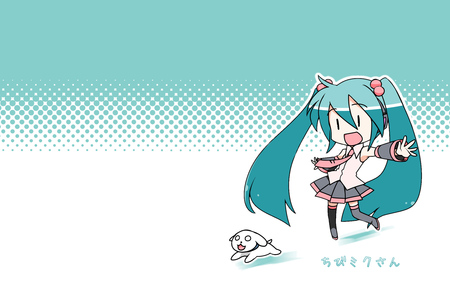 Little/chibi Miku - blue, dog, pink, comic, white, miku, chibi, hatsune, little