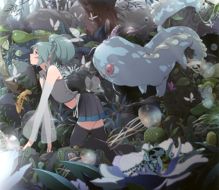 Miku in a strange land - red, forest, hatsune, miku, strange, vocaloid, creatures, blue, white, land, orange, green