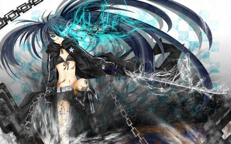 Black Rock Shooter - aqua, movie, thighhighs, brs, wind, white, cool, katana, shorts, aqua eyes, ova, drill, song, chains, beautiful, weapons, black rock shooter, nice, beauty, twintail, aqua hair, black, pretty, anime, sword, cute, boots, bra, stitches, star, blue, awesome, blaze