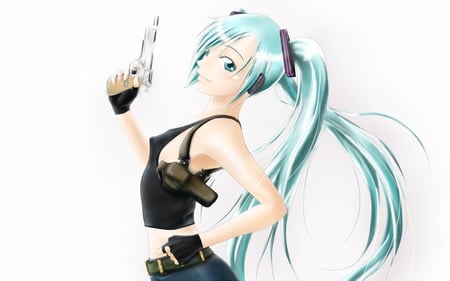 Red Faction - aqua, colt 1911, hot, headset, music, anime girl, white, art, side arm, cool, pistol holster, aqua eyes, artistic, hatsune miku, sexy, song, vocaloids, program, red fraction, vocaloid, beautiful, diva, beauty, nice, holster, twintail, singer, aqua hair, black, virtual, pretty, pistol, idol, anime, miku, cute, girl, cg, hatsune, microphone, headphones, digital, awesome