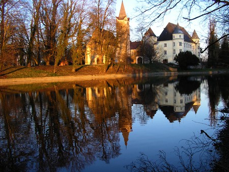 Home Reflection - white, lake, home, trees, reflection, castle, architecture, tower