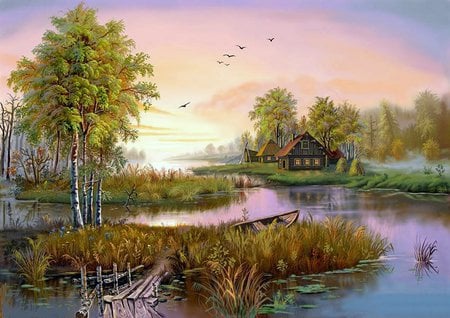 Tsiganov (photoshop). In the enchanted swamps - nature, art, lake, peaceful, tree, house, sunset